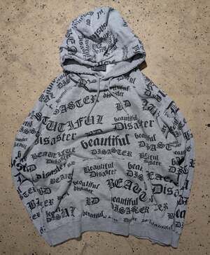 Beautiful Disaster Hoodie Size XL Grey All Over Print Spell Out Gothic